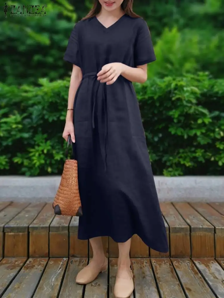 

Vintage Women Dress 2023 ZANZEA Summer Mid-Calf Length Long Dresses Solid V Neck Cotton Vestidos Oversized Sundress Robe Femme