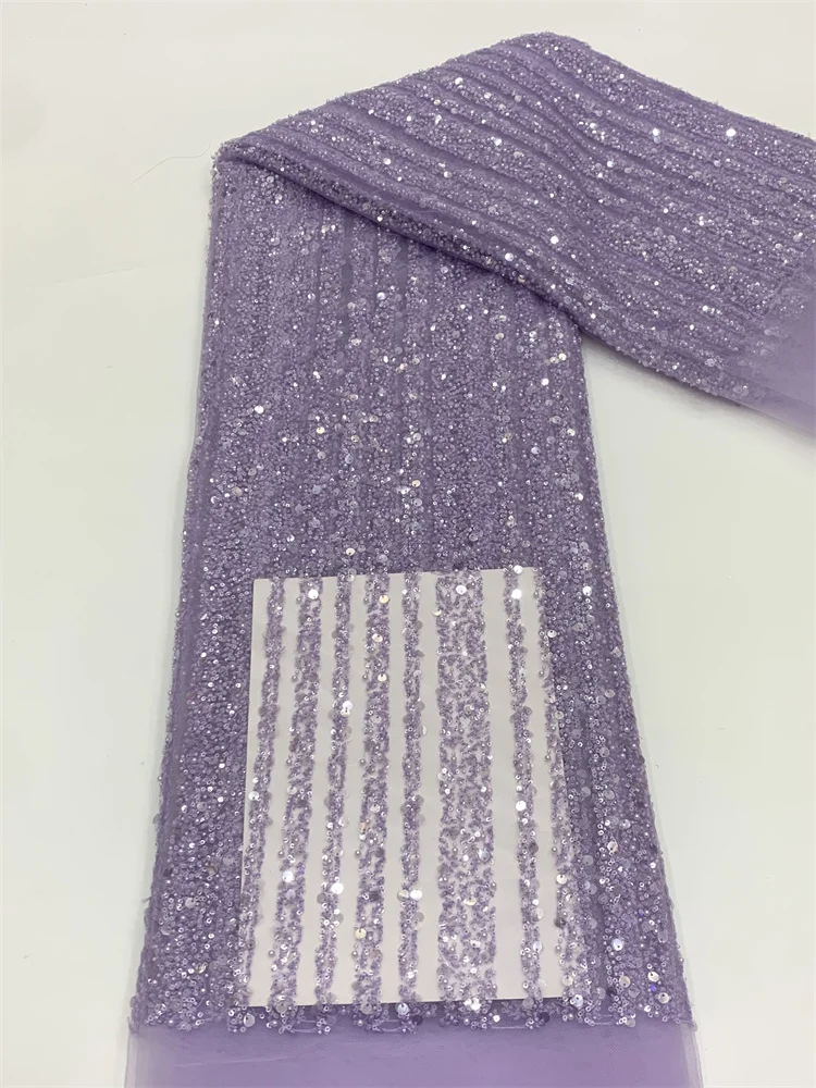 

Purple Luxury African Beaded Lace Fabric High Quality French Mesg Net Lace Fabric with Sequins Nigerian Mesh Lace for Sewin