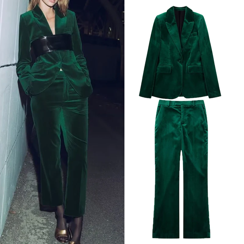 

Женский бархатный костюм с пряжкой, облегающий костюм с лацканами и завышенной талией для отдыха, модный темпераментный женский костюм, зима 2022