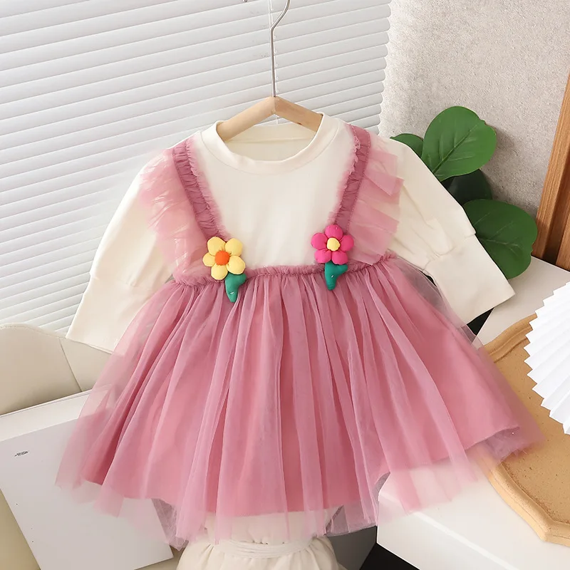 

Girls' Mesh Dress Autumn Fashion Flower Long Sleeve Cotton Princess Dresses For Girl 1 Year Birthday Party Dress Toddler Clothes