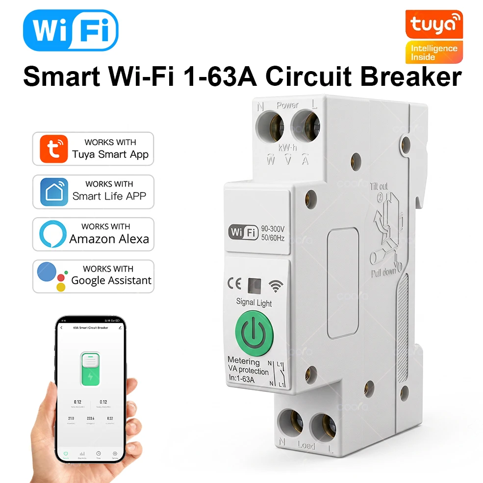 Фото Умный автоматический выключатель Tuya WiFi 63A 1P+N с функцией измерения энергии, таймером, реле, защитой от перенапряжения и перегрузки по току. №1