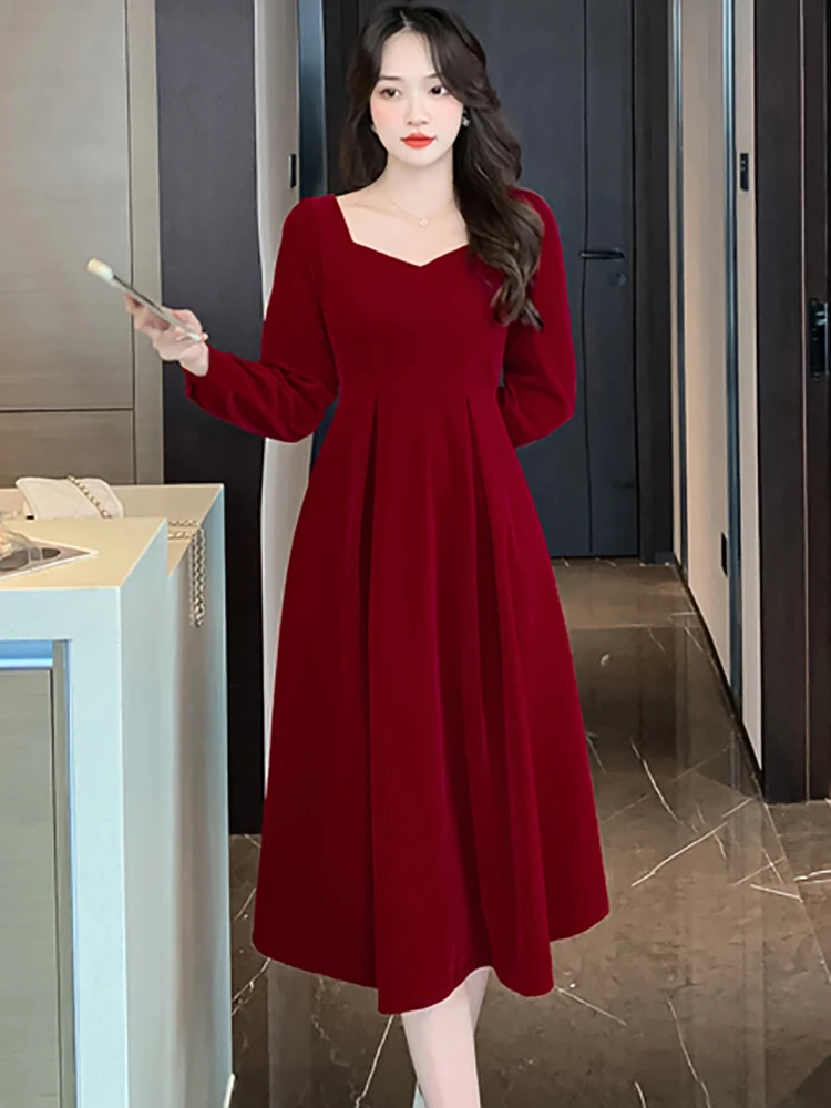 

Женское бархатное платье средней длины, красное элегантное облегающее вечернее платье в Корейском стиле для выпускного вечера и свадьбы, О...