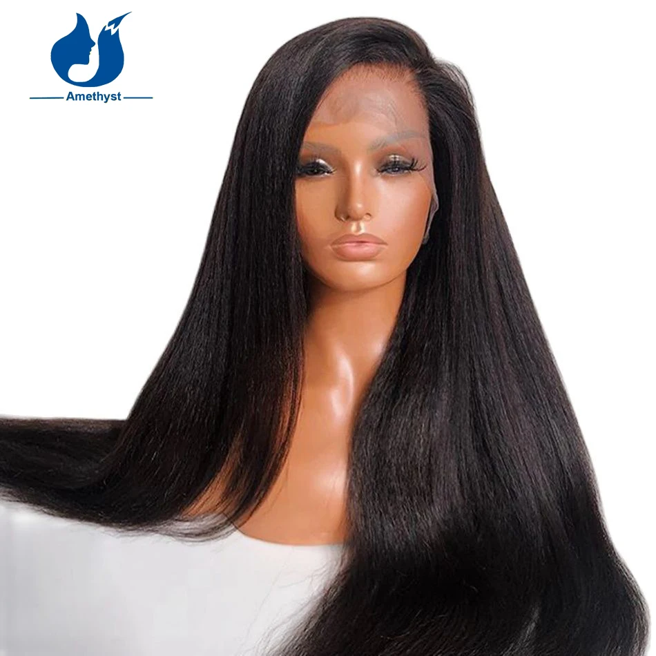Amethyst 13x6 Italian Yaki Straight Lace Front Human Hair Wigs 5x5 PU Silk Base Lace Closure Wig Glueless Preplucked For Women