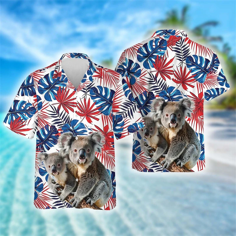 Cute Koala Bear Graphic Beach Shirts Funny Kawaii Design Lapel Blouse Hawaiian Aloha Vacation Women Blouses Australi Animal Tops