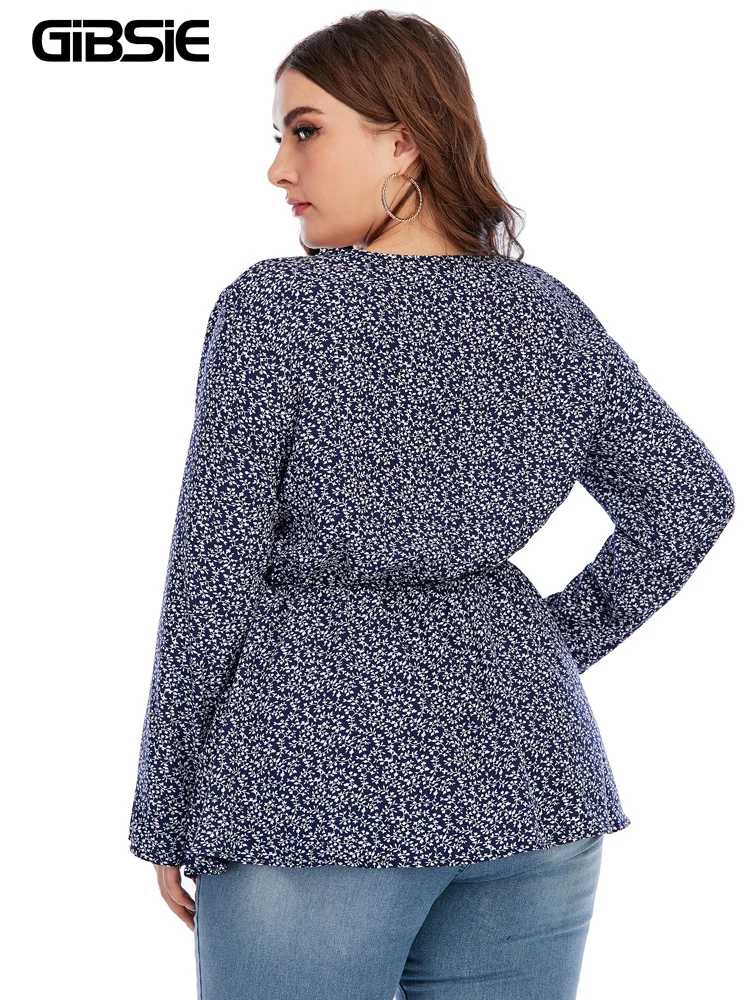 Женская блузка с V-образным вырезом длинным рукавом и баской |