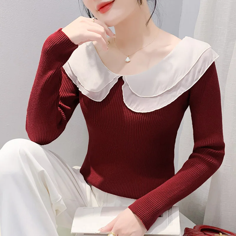Женский трикотажный свитер с оборками элегантный облегающий однотонный пуловер