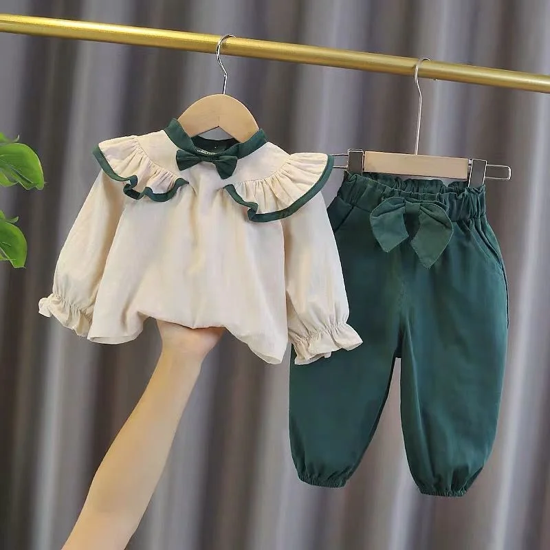 

Spring And Autumn Suit New Children'S Clothing Cute Lotus Leaf Collar Shirt Female Babies Little Girls Two-Piece High Quality