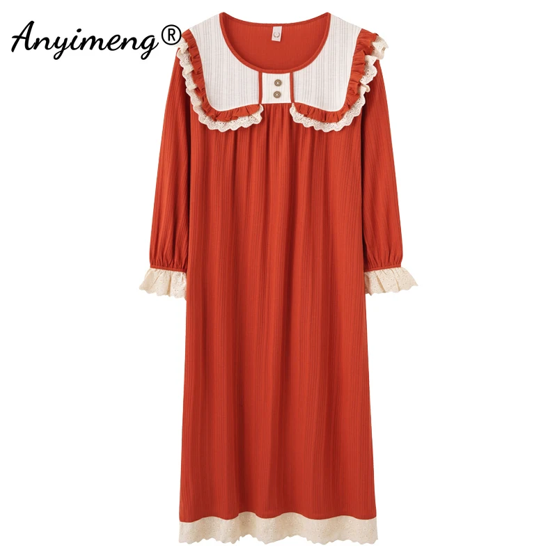 

Женская ночная рубашка большого размера 3xl, 4xl, 5xl, осенне-зимняя мягкая винтажная ночная рубашка, элегантная кружевная одежда для сна принце...