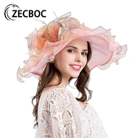 sun hat for women summer beach beige organza tea flower party pink hat elegant ladies church kentucky derby wide brim fedora hat