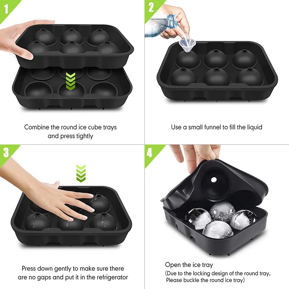 Лоток для льда черный силикон 6 сферических лотков изготовления виски с крышкой