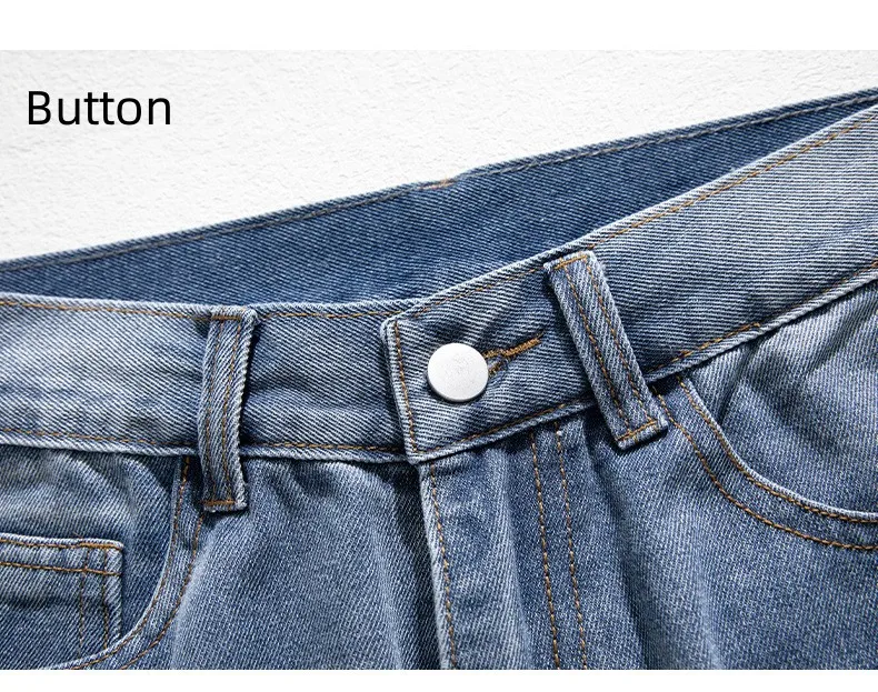 Yasuk All Season Solid Casual Men's Button Waist All-Match Cool Moustache Effect Loose Straight Pants Embroidered Washed Jeans