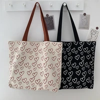 new design women canvas shoulder bag love heart print shopping bags students book bag cotton cloth handbags tote for girls