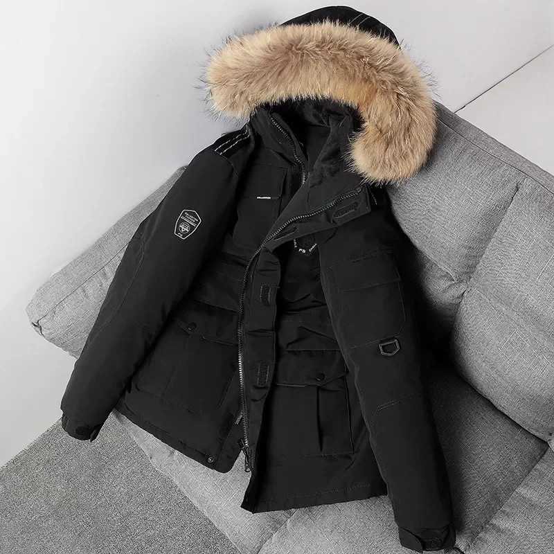 2022New Winter New Men's White Duck Down Jacket Large Fur Collar Hooded Coats Splicing Tooling Style Thick Warm Parka Male B