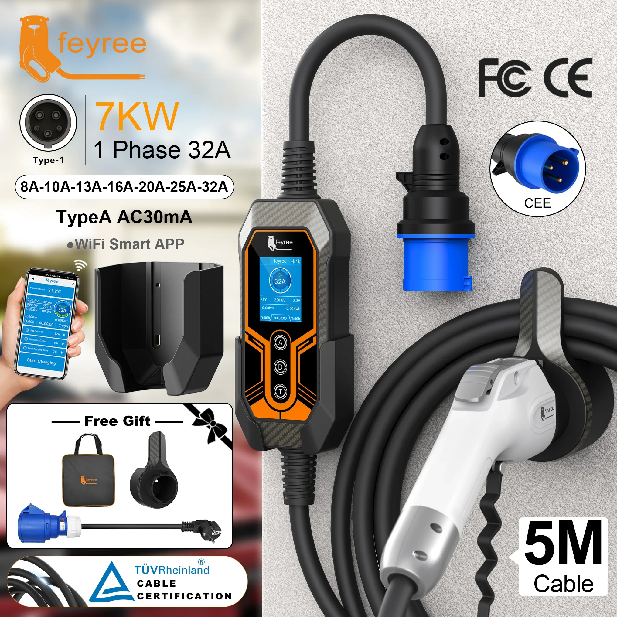 

Feyree Type1 Plug j1772 32A 7KW 1P Портативное зарядное устройство для электромобилей с настенным креплением через приложение Ctrl EVSE Портативный зарядный блок для электромобиля