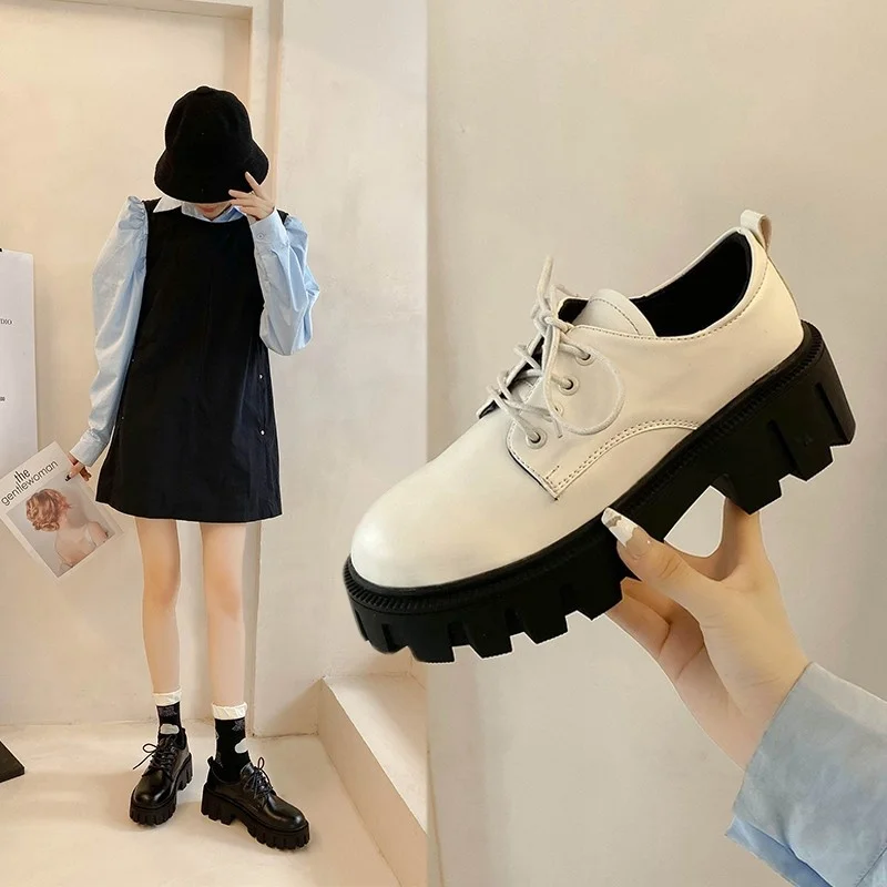

Женские туфли-оксфорды, черные или белые кроссовки на толстой подошве, со шнуровкой, на платформе, для отдыха, Осень-зима 2021