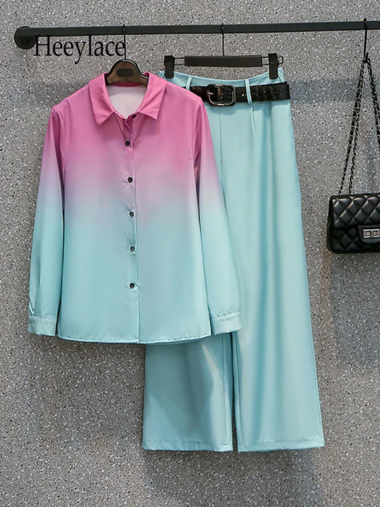 

Женский летний комплект из 2 предметов, однобортный Топ с длинным рукавом и воротником-поло и длинные брюки с широкими штанинами