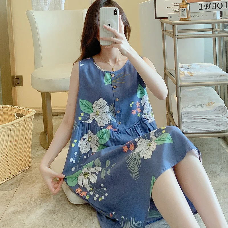 Round-neck Sleeveless Pajamas Big Size Women's Clothing Summer Nightgowns Attractive Nightwear Sleevewear Printing Loungewear