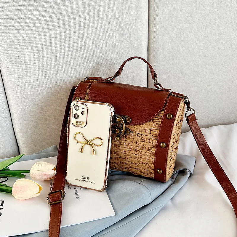Boho Summer Rattan Beach Bags for Women Bohemian Woven Straw Bag Women Designer Handbags Small Shoulder Crossbody Bag PU Purse