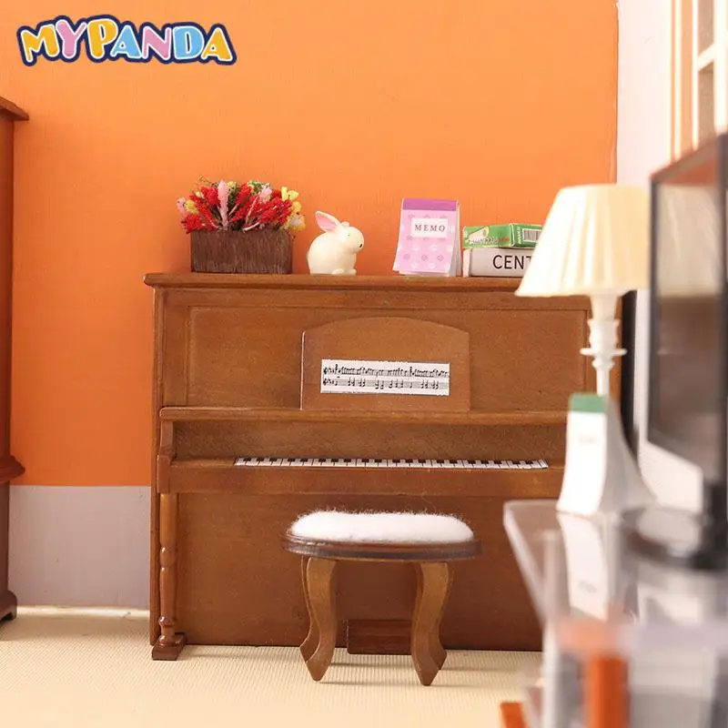 

1Set Dollhouse Miniature Piano with Stool Musical Instrument Model Home Decor Kid Pretend Play Toy Doll House Accessories