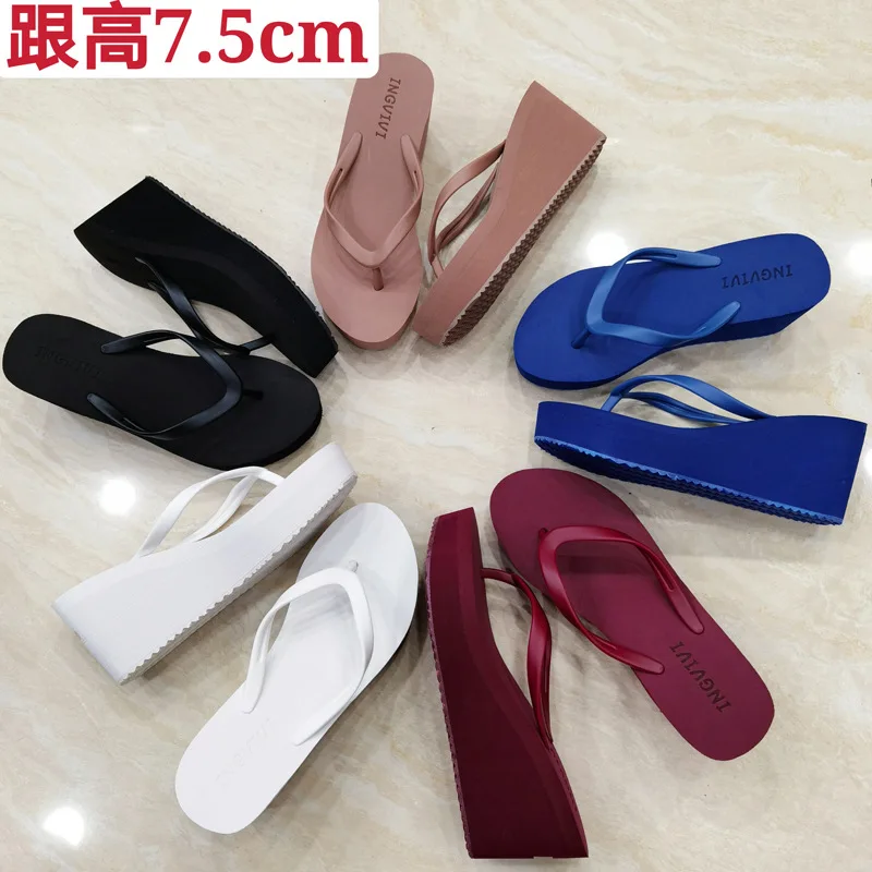 

On A Wedge Slippers Casual Med Shoes Rubber Flip Flops Women Heels Shale Female Beach Slides Pantofle Low Beige Heeled Sandals L