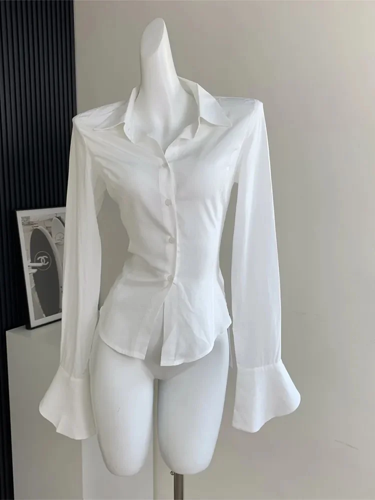 

Женская шифоновая блузка в стиле ретро, однотонная облегающая блузка с отложным воротником и расширяющимся книзу рукавом, весна-лето 2023