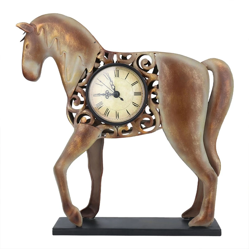 

Wrought Iron Retro Horse Statue Hollow Pattern Clock Home Living Room Desk Decoration Ornaments