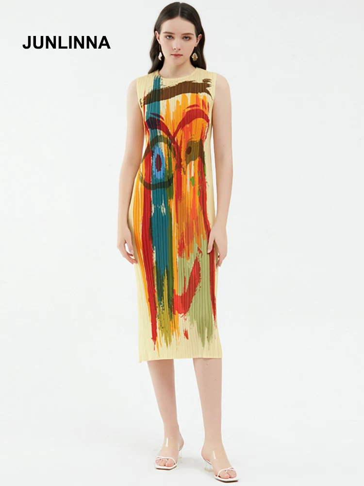 

JUNLINNA Pleated Women Dress Runway Fashion Summer New High Street Midi Vestidos O-Neck Sleeveless Printed Sliming Wear