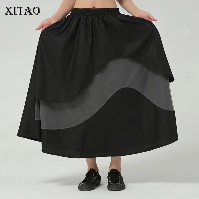 

XITAO/юбка с высокой талией, асимметричная плиссированная юбка с эластичной резинкой на талии, тонкая двухслойная сетчатая юбка с вышивкой, ве...