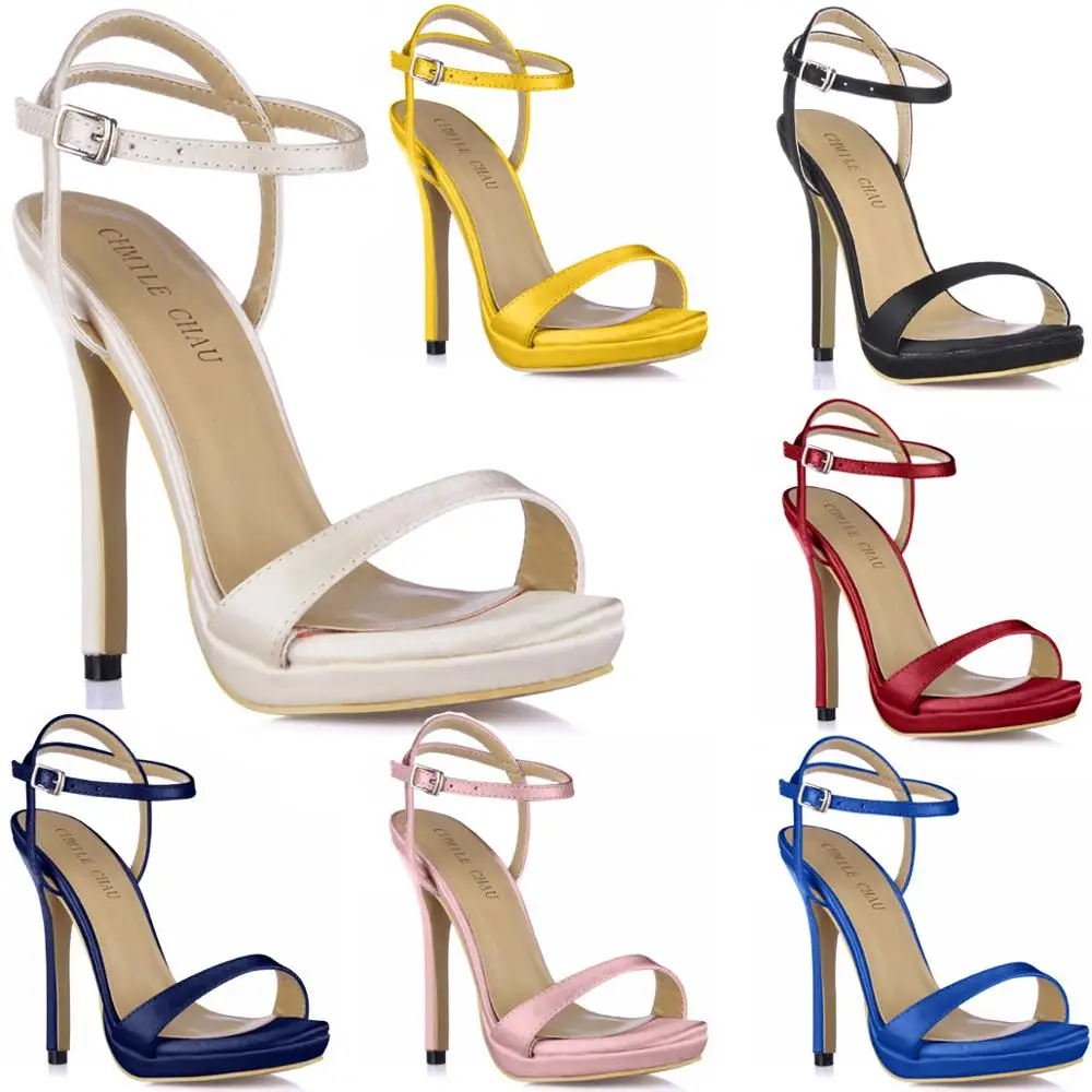 

CHMILE CHAU Ivory Satin Bridal Party Women Shoes Stiletto Heel Ankle Strap Buckle Sandals Plus Sizes 10 Zapatos Mujer 0640ASL-A3