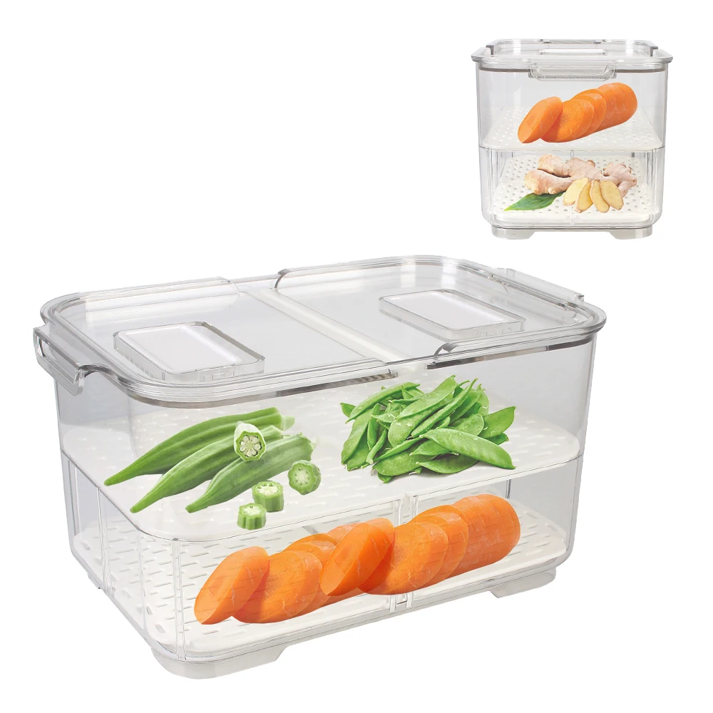 

Refrigerator Food Storage Containers for Vegetable Fruit Meat Fresh with Lid Two Layer-4.5L Kitchen Separate Freezer Seal Bin