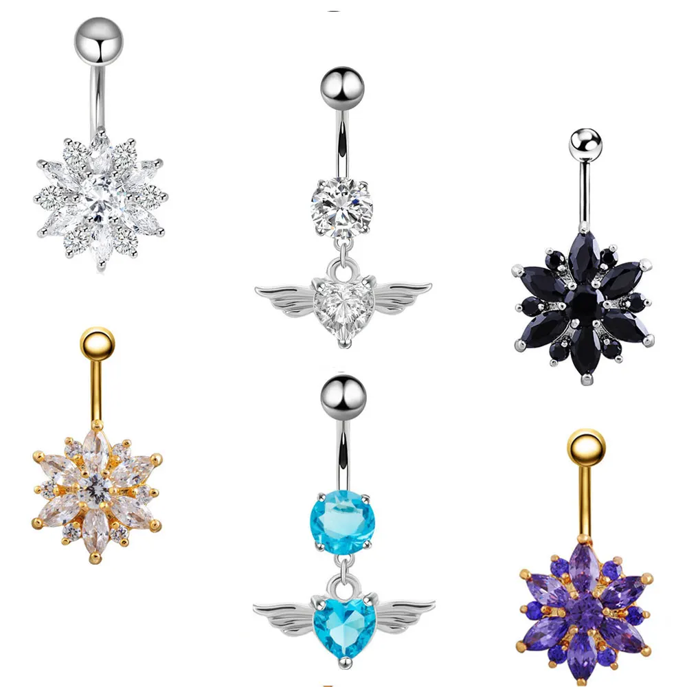 Модное кольцо для пирсинга живота из нержавеющей стали с кристаллами и цветами