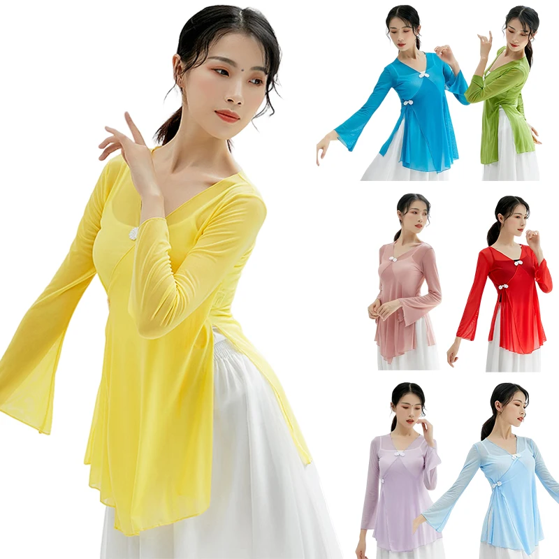 

Women Classical Dance Shirt Light Weight Sexy Transparent Mesh Top Horn Long Sleeve Chinese Folk Dancewear with Knot Button 2Xl