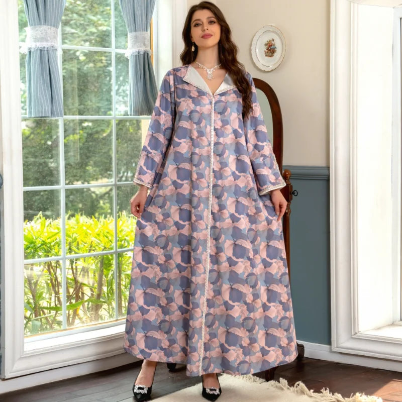 Eid Ramadan Jilbab Muslim Abayas For Women 2023 New Boho Retro Printed Maxi Dress Long Sleeve Summer Kimono Arab Dresses