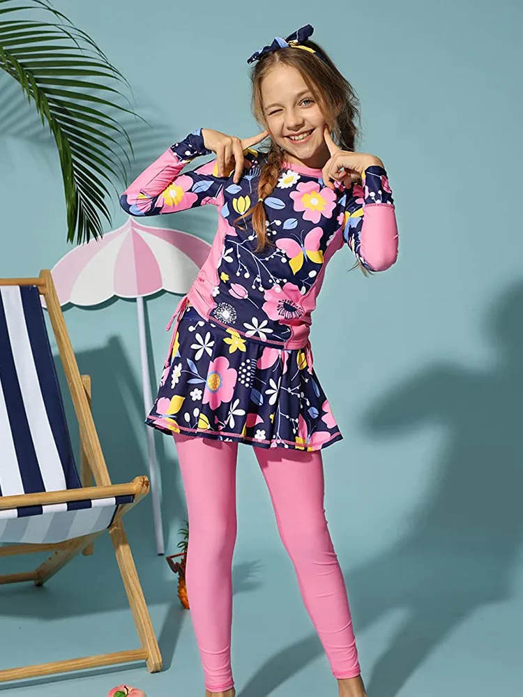 

New Children Girl Swimsuits Kids Swimwear for 8-14 Years UV Protective Long Sleeve