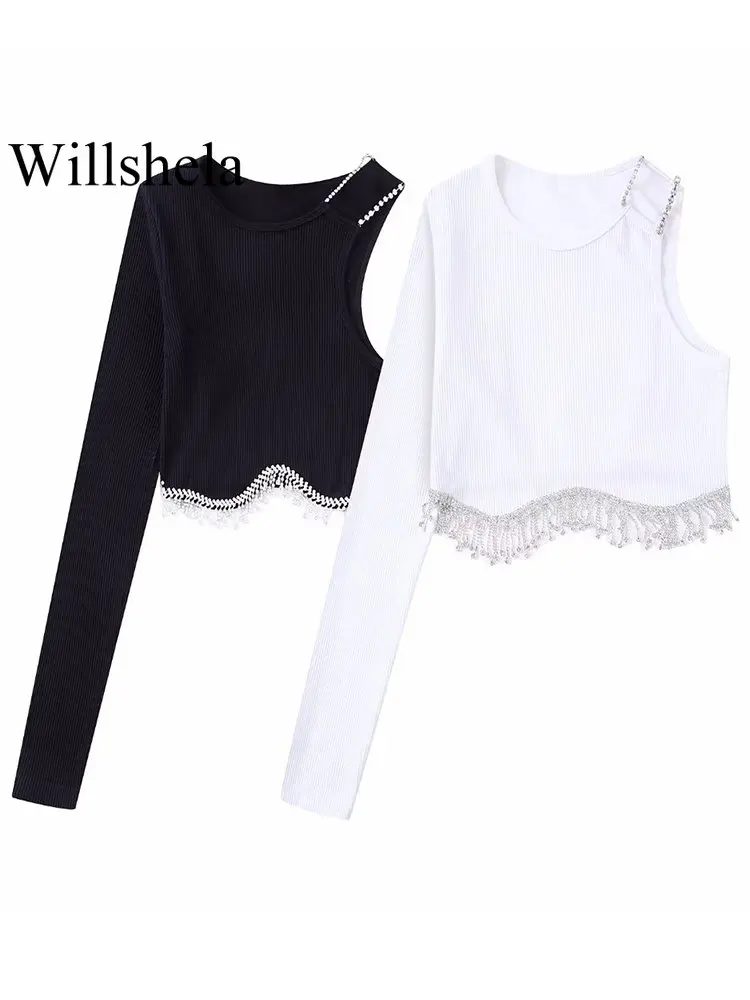 

Willshela Women Fashion With Beading Soild Cropped Tops Vintage One Shoulder Long Sleeve O-Neck Female Shirts Chic Lady Top