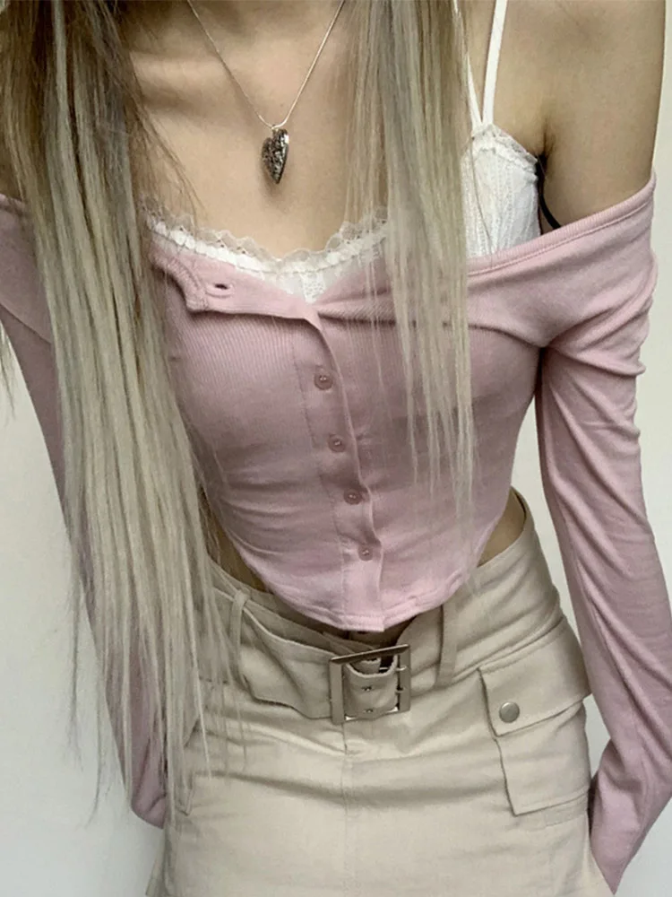 Y2k кружевной лоскутный розовый укороченный топ на пуговицах с длинным рукавом