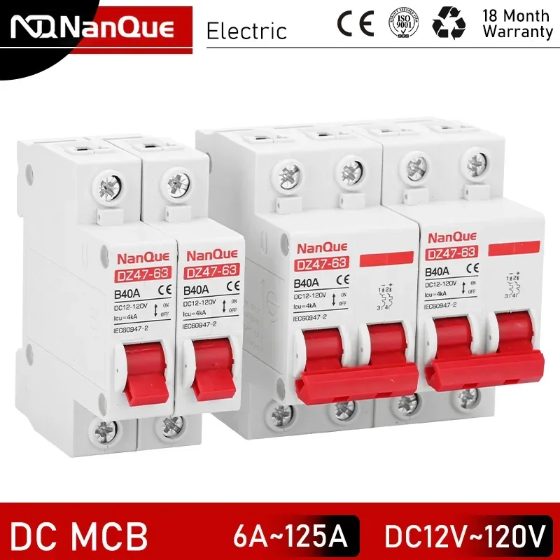 DC MCB 12V 24V 48V 60V 110V devre kesici pil koruma anahtarı pozitif negatif kısa devre 2P 10A 20A 50A 100A 125A 150A