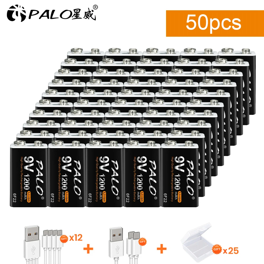 PALO 10/20/30/40/50/60pcs 1200mAh micro USB 9V Li-ion Rechargeable Battery 6F22 9V Lithium Battery for Microphone Multimeter Toy