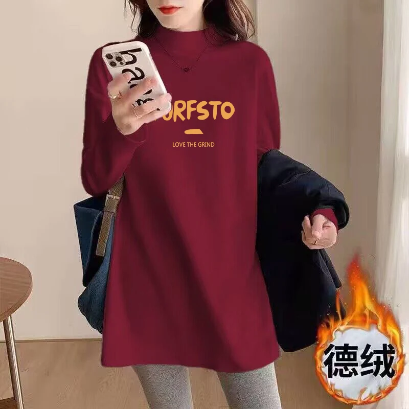 Red Half-high Collar Bottoming Shirt Women 2024 Autumn and Winter Clothing Thickened Warm High-Grade Hip Covering Long sleeve...