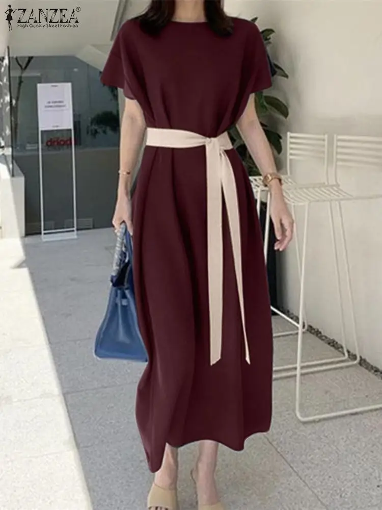 

Платье ZANZEA женское с коротким рукавом и круглым вырезом, модное элегантное свободное офисное платье до середины икры, винтажная одежда для ...
