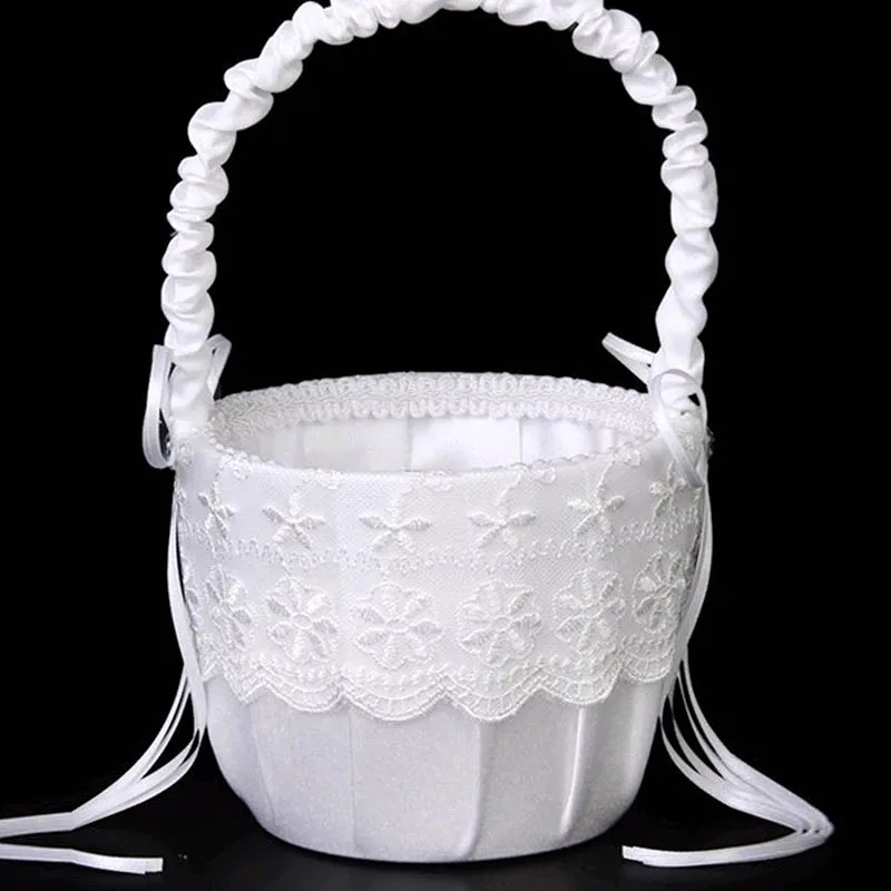 

Wedding Flower Basket Flower Girl Basket Lace Romantic White Rhinestone Decoration To Wedding Ceremony Party Basket White