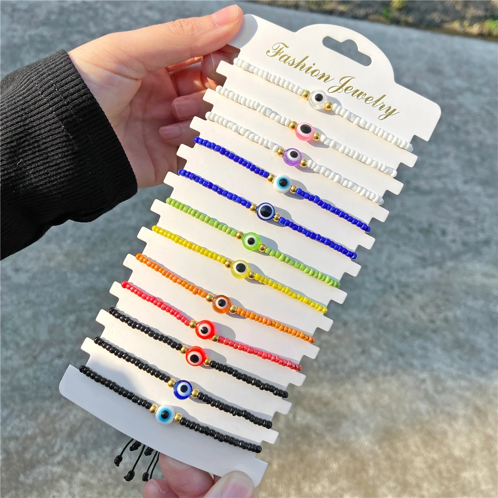 

12 шт./лот набор красочных браслетов из бисера сглаза шарм-браслет регулируемый браслет на удачу для женщин мужчин ювелирные изделия подарок...