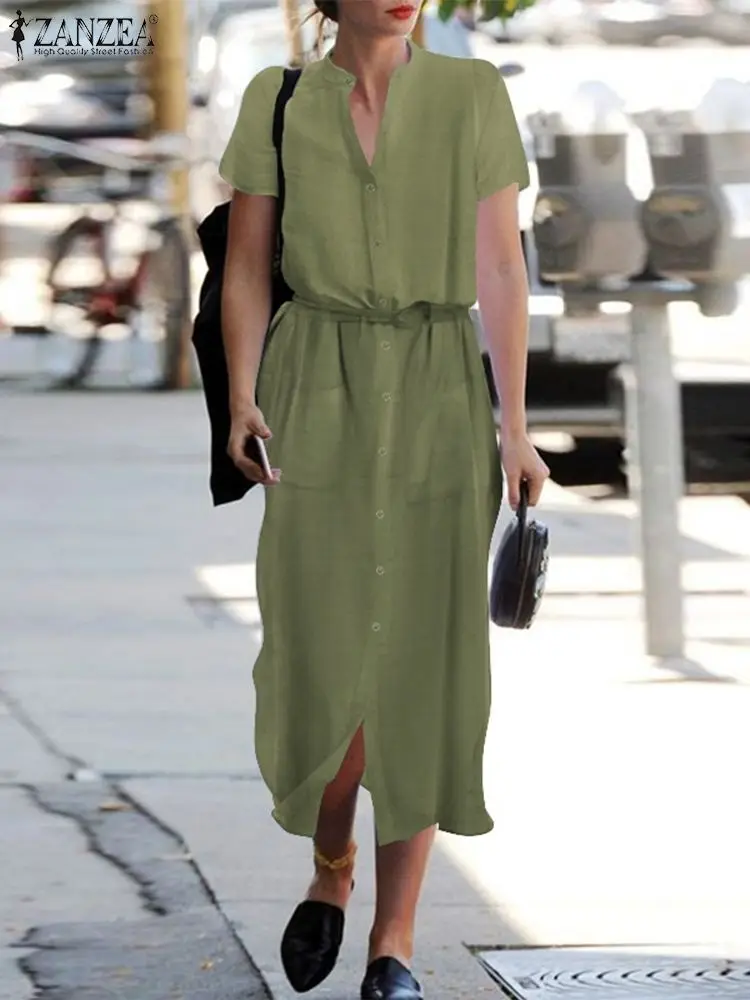 

Платье ZANZEA женское с коротким рукавом, элегантный однотонный Повседневный Сарафан с круглым вырезом, на шнуровке, винтажное свободное на пу...