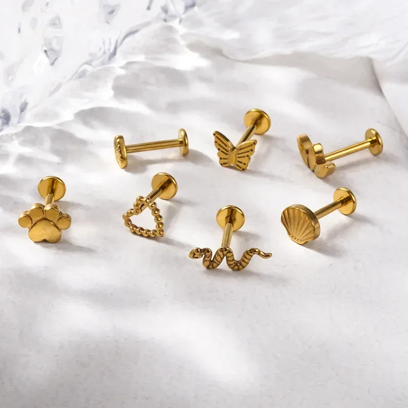 1 шт. ASTM F136 G23 титан 2*8 мм серьги-гвоздики для пирсинга сердца змея плоские женщин