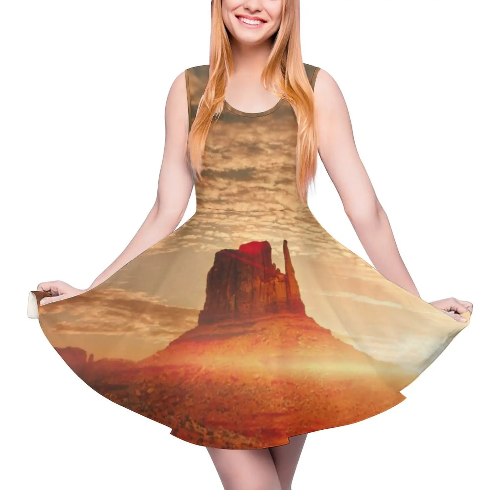 

American Desert Dress Sunset Print Boho Beach Dresses High Waist Street Style Custom Skate Dress Spring Oversize Vestidos