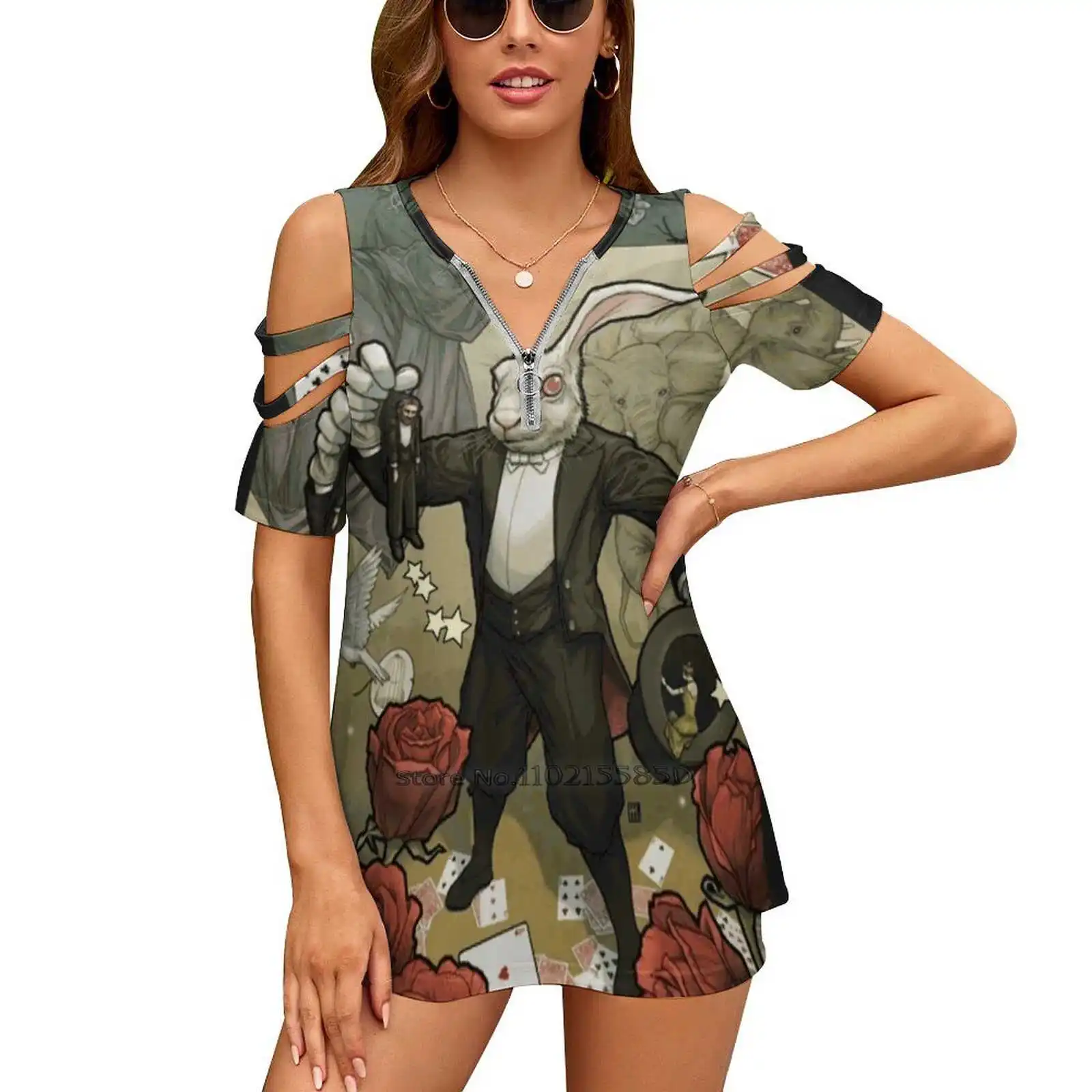 

Card Trick Step - By - Step Women'S Clothing V-Neck Tops Zipper Tee Ladies Casual Sexy T-Shirt Createarthistory Library _ Vic