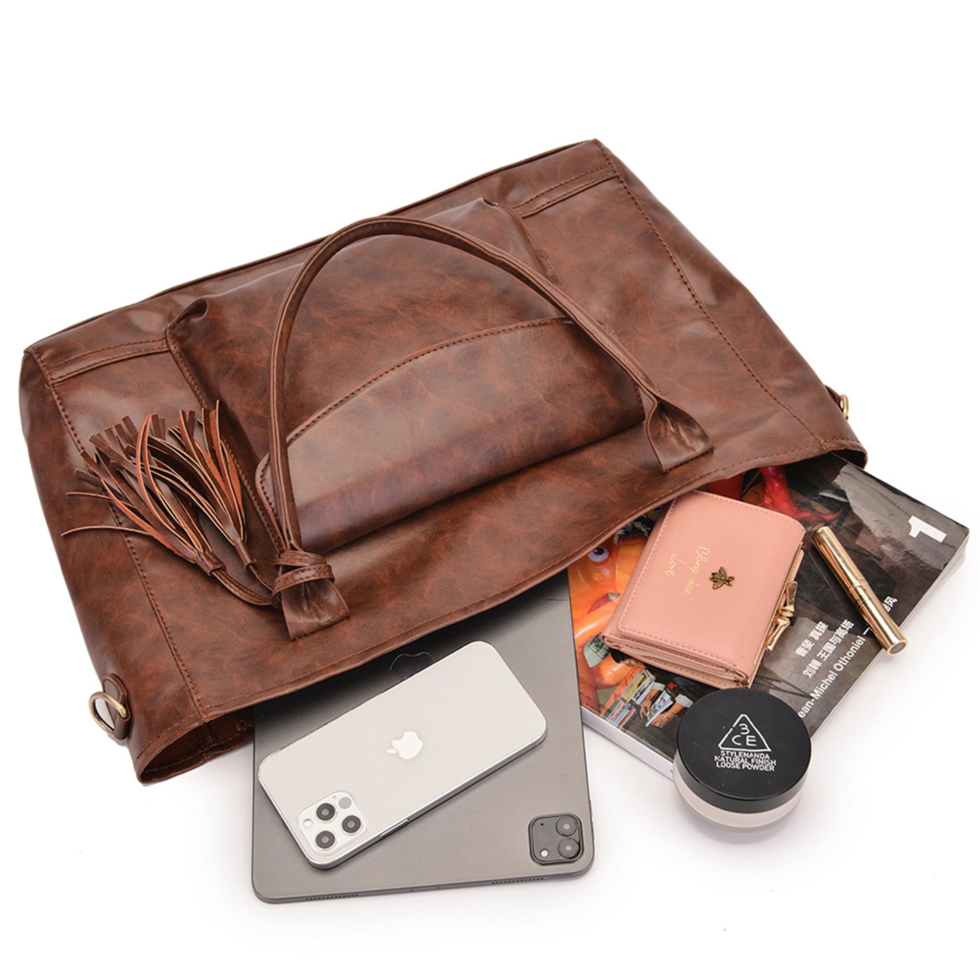 Brown PU Large Luxury Women Multifunction Tote Bags With PU Leather Strap Tassel Shoulder Bag For Business Travel Carry сумка Do