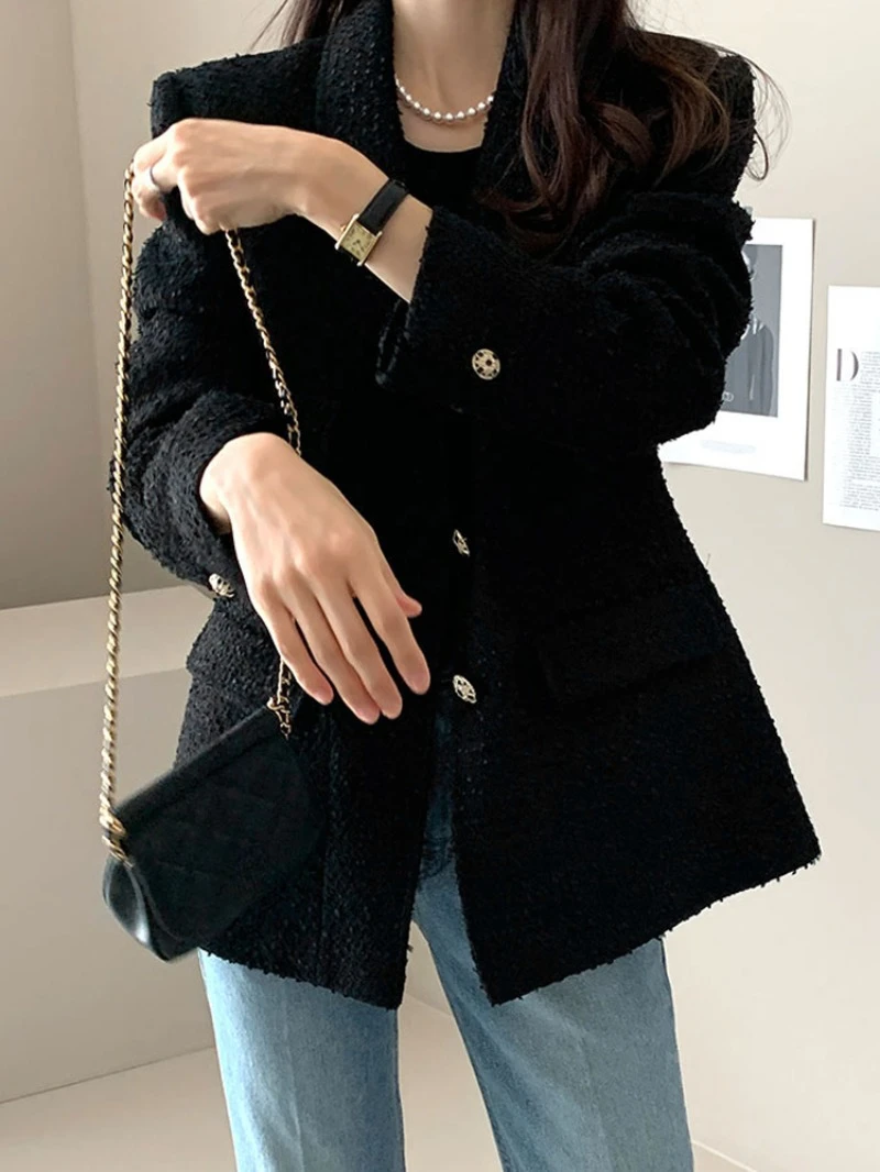 Твидовый пиджак с имитацией карманов на осень и зиму