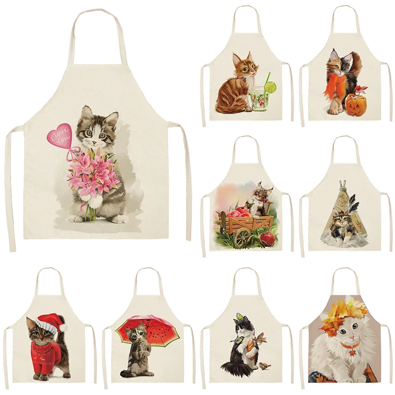 

Cute Cat Kitchen Sleeveless Aprons For Women Cotton Linen Bibs Household Cleaning Pinafore Home Cooking Apron 55x68cm