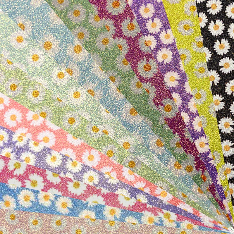 

XHT-519 Chrysanthemum/Daisy Flower Pattern Printed Colorful Shiny Fine Glitter Faux Leather Sheet for Hair Bow/Decoration/Craft